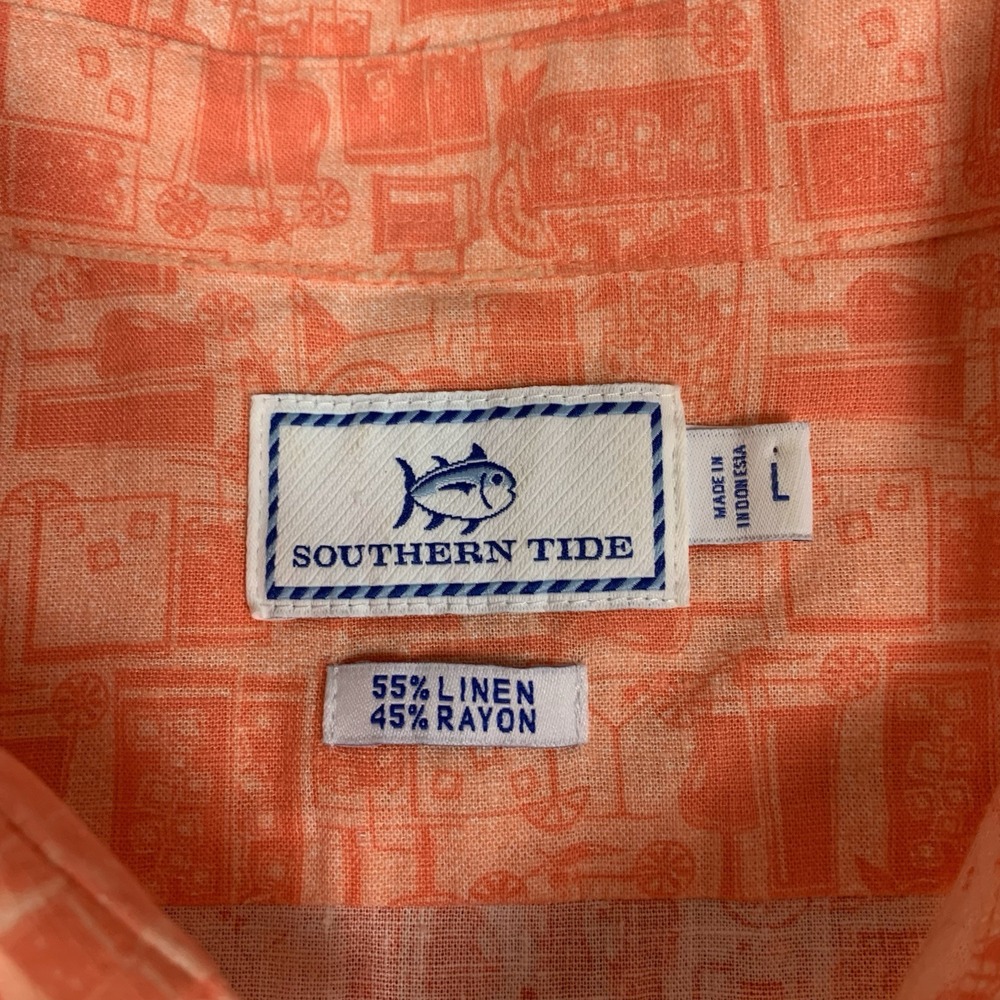 Southern Tide Shirt Mens Large Orange Drink Pattern Short Sleeve Linen Blend - Picture 5 of 6
